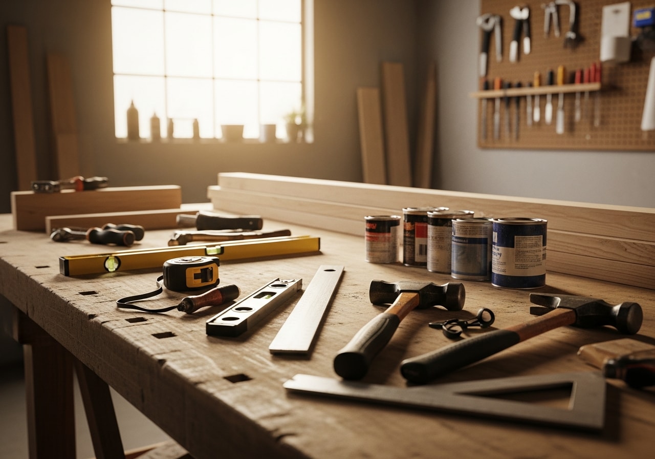 Professional handyman tools and construction materials arranged on a work surface, ready for home remodeling projects.