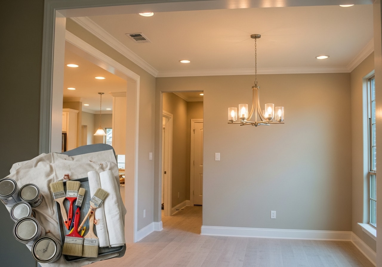 Freshly painted interior walls with new chandelier and recessed lighting in Lakewood residence