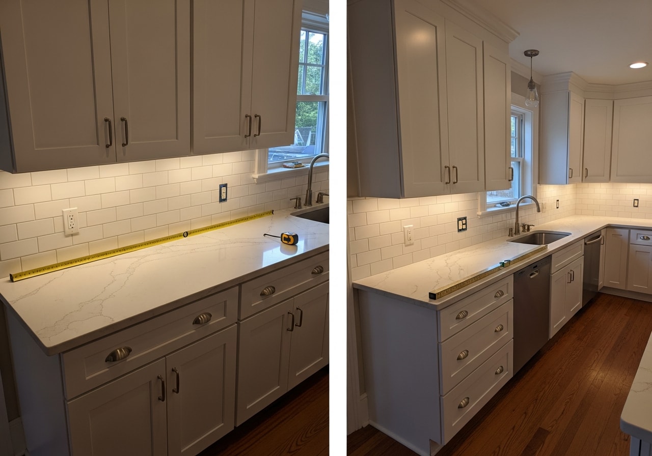 Modern kitchen with white cabinetry, quartz counters, and subway tile backsplash in Highland Park home