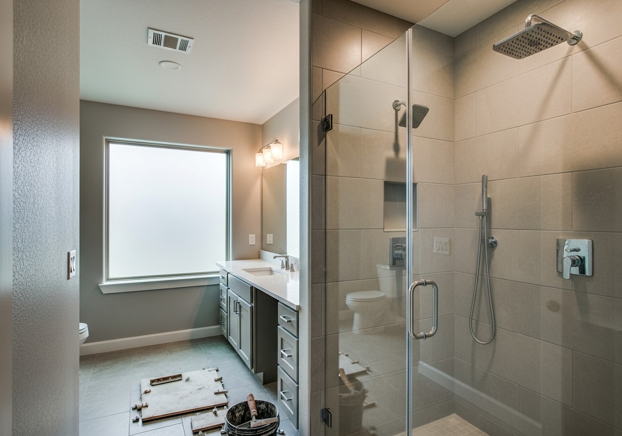 Renovated bathroom with tile flooring, glass shower enclosure, and new vanity in University Park