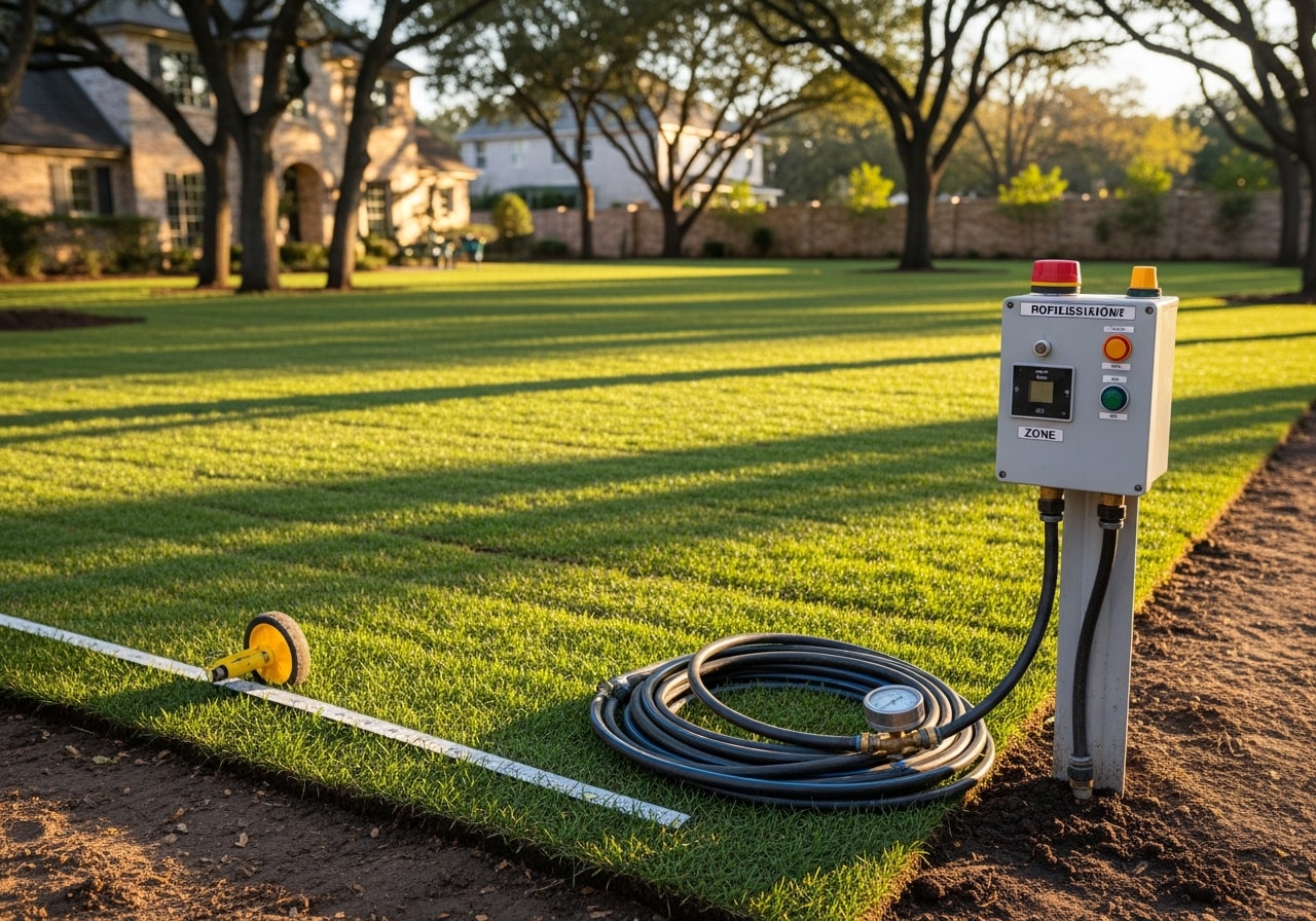Newly installed sod and sprinkler system in University Park yard