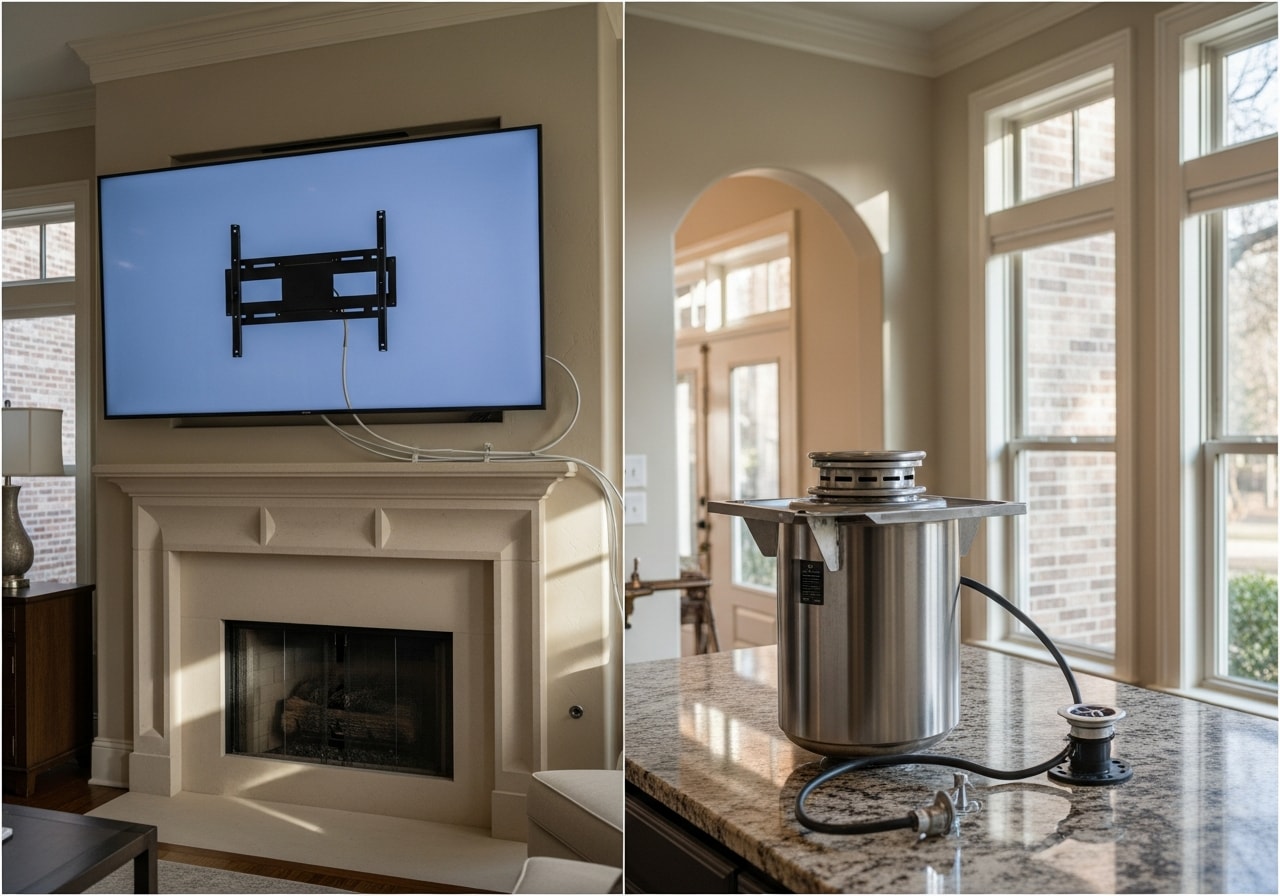 Wall-mounted TV above fireplace and new garbage disposal installation in Highland Park kitchen