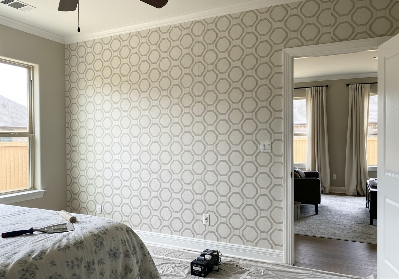 Patterned wallpaper on accent wall and custom drapes in Lakewood bedroom