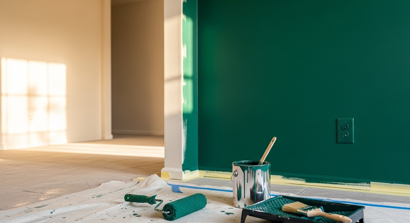 A freshly painted deep green accent wall in a Lakewood home living room, with clean edges along white trim and a neutral-toned adjacent wall. The room features Colorado natural light coming through a side window, highlighting the contrast between the accent color and the surrounding walls.
