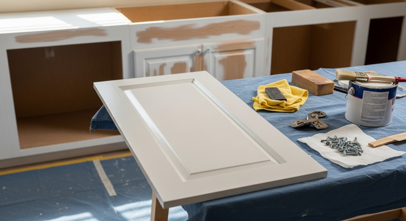 Painted kitchen cabinets in a Lakewood, Texas home showing updated white finish with new hardware.