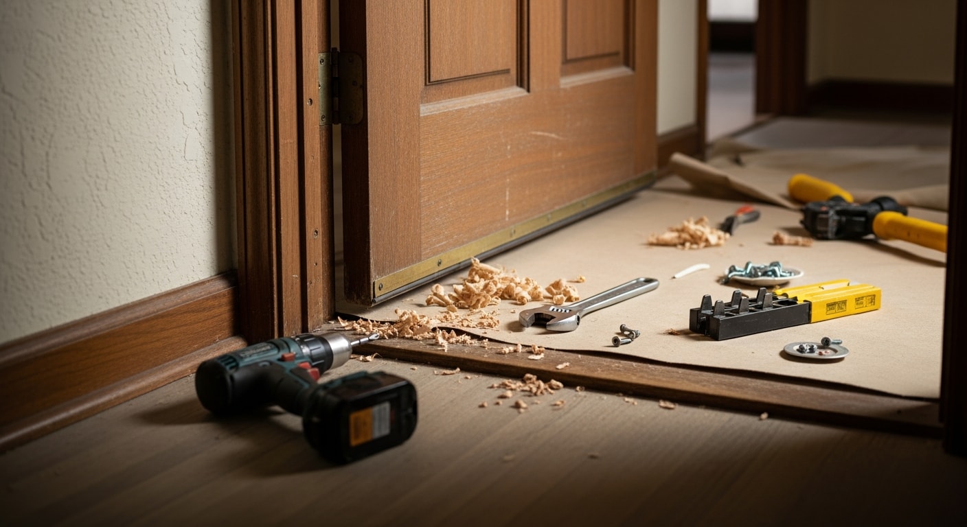 Door repair and replacement service at a Lakewood, Texas home showing new entry door installation with weatherstripping.