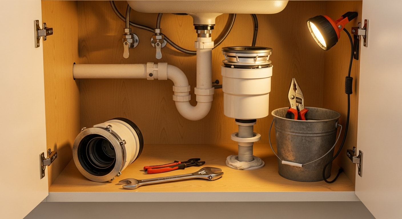 Garbage disposal replacement under kitchen sink in a Lakewood, Texas home.
