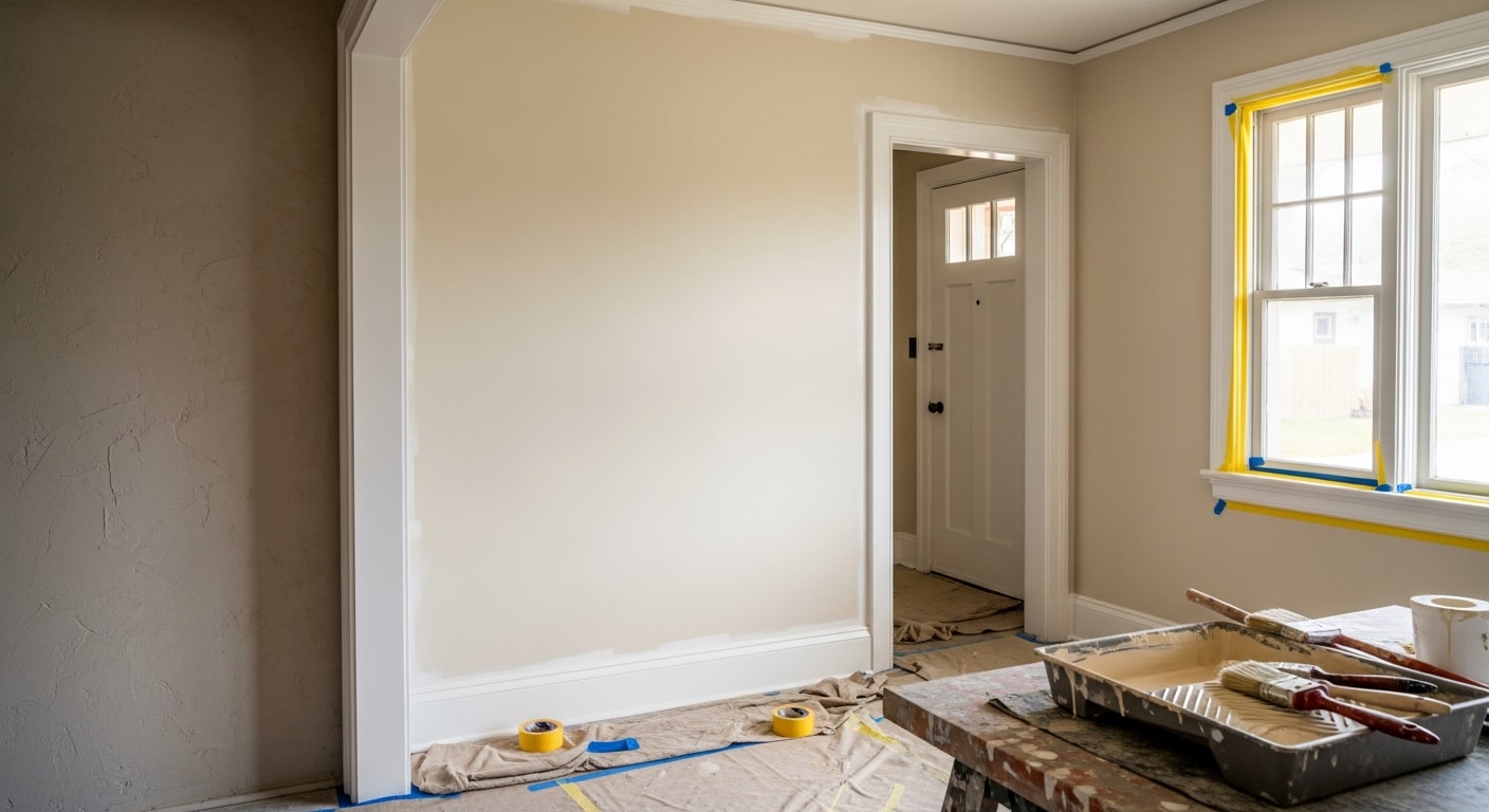 Interior painting in a Lakewood, Texas home showing freshly painted walls and trim in a living room.