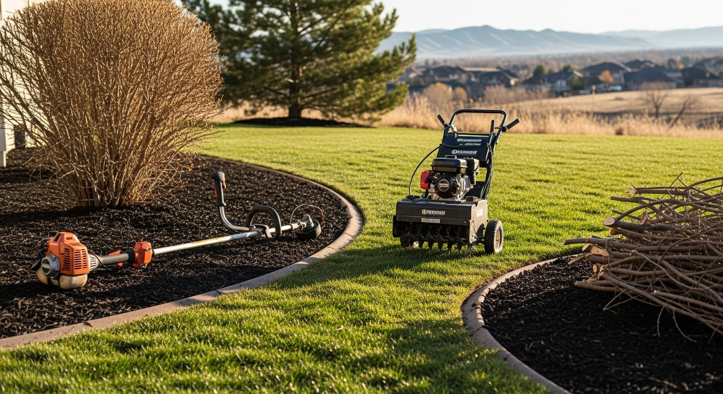 A well-maintained residential front yard in Lakewood, CO with freshly mowed turf, trimmed shrubs, and clean mulched plant beds. A landscaper from Lakewood Home Pro edges the lawn border along a concrete walkway.