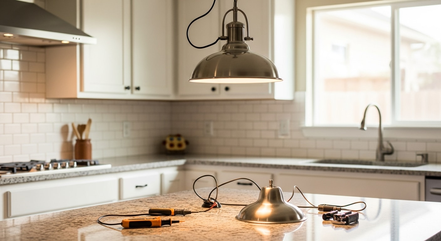 Light fixture installation in a Lakewood, Texas home showing new chandelier mounted in dining room.