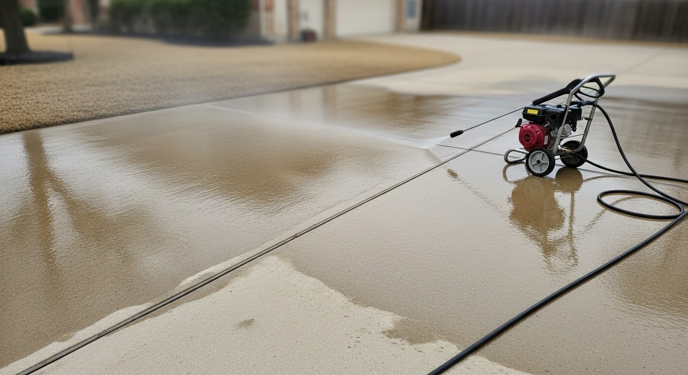 A Lakewood Home Pro technician pressure washing a concrete driveway at a ranch-style home in Lakewood, Colorado, removing dark staining and grime buildup. The cleaned half of the driveway shows a sharp contrast against the uncleaned surface.