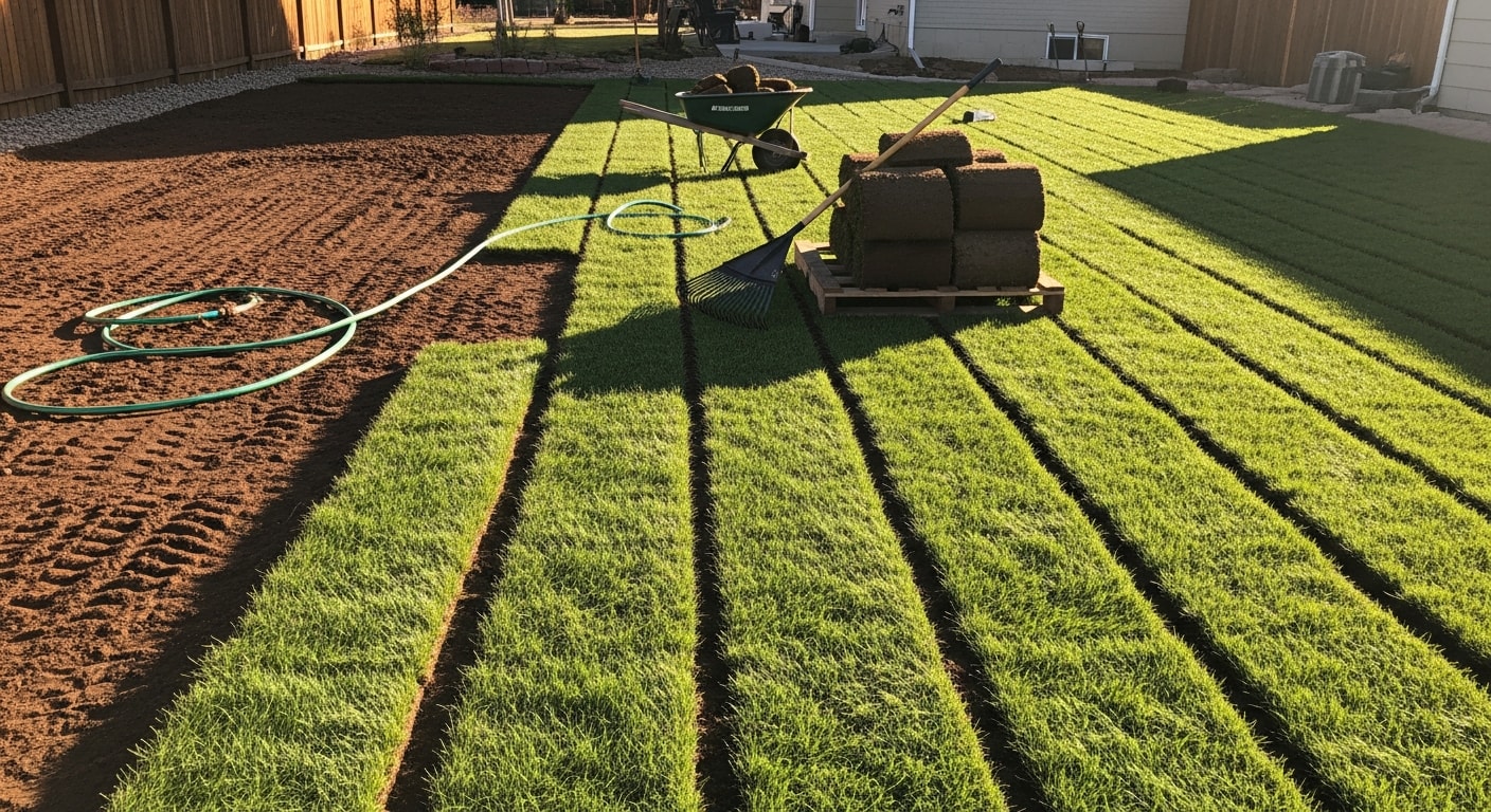 Freshly installed sod covering a residential front yard in Lakewood, Colorado, with clean straight seams and a uniform green surface. A single-story home with a concrete driveway is visible in the background.