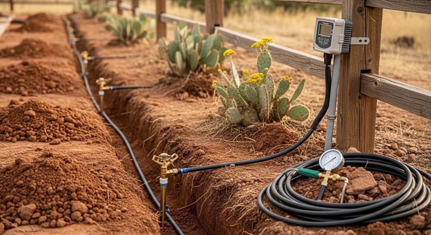 A freshly installed in-ground sprinkler system running in a Lakewood residential backyard, with pop-up heads watering an even green lawn on a dry Colorado summer day. Spray coverage reaches the turf edges without overspray onto the surrounding concrete patio.