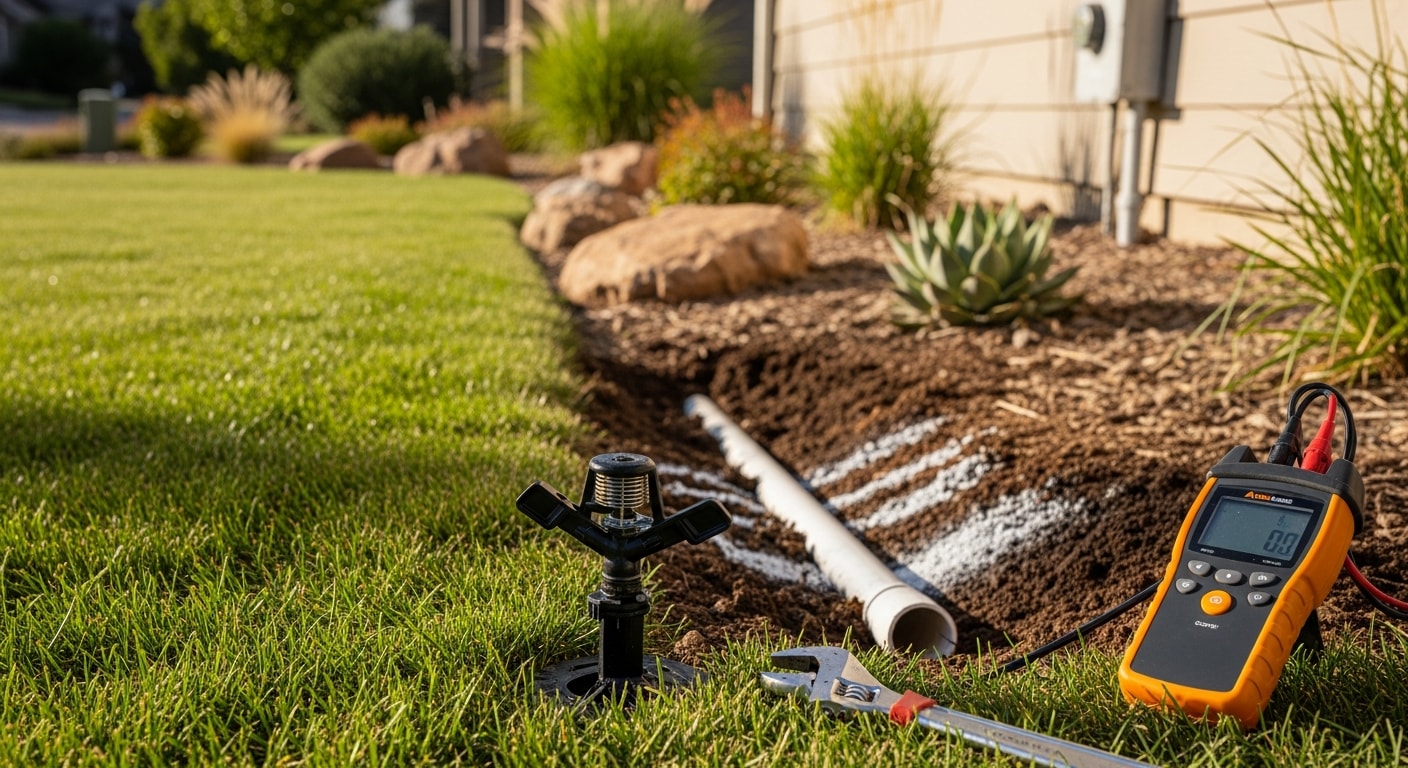 A Lakewood Home Pro technician adjusting a residential sprinkler head in a Lakewood front yard, with green turf and a suburban home visible in the background. The repaired head sprays an even arc across the lawn without overspray onto the adjacent sidewalk.