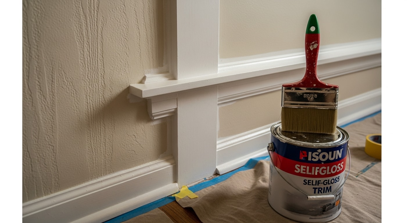 Freshly painted white crown molding and baseboards in a Lakewood ranch-style home interior, showing sharp paint lines where trim meets a neutral-colored wall. Close-up view highlights smooth, even coverage on wood molding with no drips or overlap onto the adjacent wall surface.